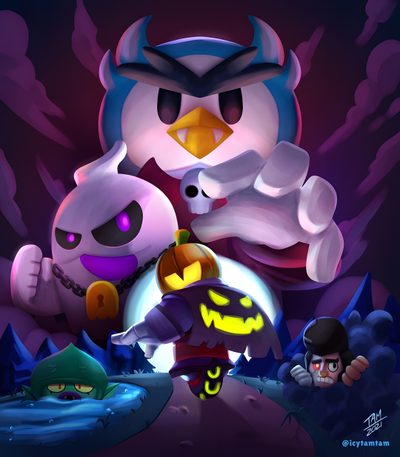 an image of a cartoon character holding a glowing pumpkin in front of two other characters Brawl Stars Halloween Brawl Stars Halloween, Brawl Stars Halloween Background, Halloween Pumpkin Brawl Custom, midnight blue
