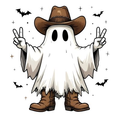 a cartoon ghost wearing a cowboy hat and holding two fingers up Cowboy Ghost Halloween Halloween Tattoo Flash, Ghost With Cowboy Hat And Boots, Cowboy Ghost, white
