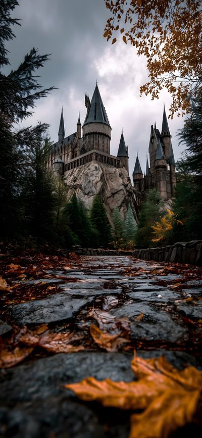 the hogwarts castle is surrounded by trees and leaves on a cloudy fall day Harry Potter Halloween Iphone Harry Potter Aesthetic Iphone, Harry Potter Screen Savers, Iphone Hogwarts, dark slate gray