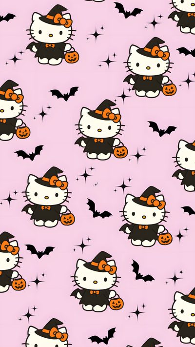 a hello kitty halloween wallpaper with bats and pumpkins on it's pink background Sanrio Halloween Hello Kitty Halloween, Pink Hello Kitty Iphone, Hello Kitty Cupcakes, misty rose