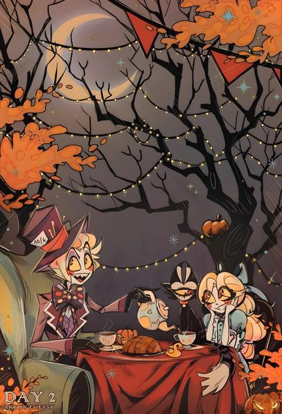 an image of three people sitting at a table in front of a tree with pumpkins Hazbin Hotel Halloween Hazbin Hotel Thanksgiving, Hazbin Hotel Christmas, Hazbin Hotel Halloween, dark olive green