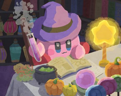 a cartoon character sitting at a table in front of an open book and some vegetables Kirby Halloween 4k Nintendo Art, Cute Kirby Pc, Kirby Art, Kirby For Laptop, dim gray