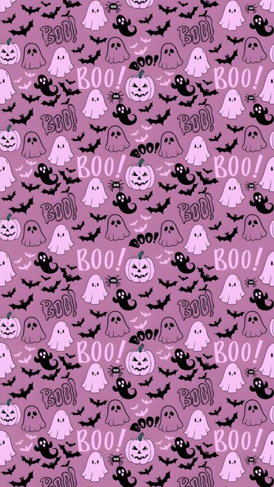 a purple background with black bats and ghost heads on it's face, while the word boo is written in white Purple Halloween Boo Purple Halloween Background Aesthetic, Light Purple Halloween Background, Halloween Backgrounds Purple, rosy brown