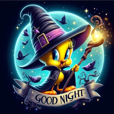 a cartoon bird with a witch hat holding a broom and wearing a banner that says good night Tweety Bird Halloween Tweety Bird Halloween, Happy Halloween Looney Tunes, Goodnight Looney Tunes, dark slate gray