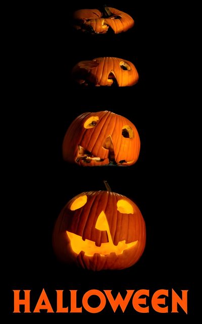 three jack o lantern pumpkins with the words halloween on them Halloween 3 Diy Halloween Party Decor, Halloween Jack Olantern Progression, Halloween Pumpkin Carving Ideas, black