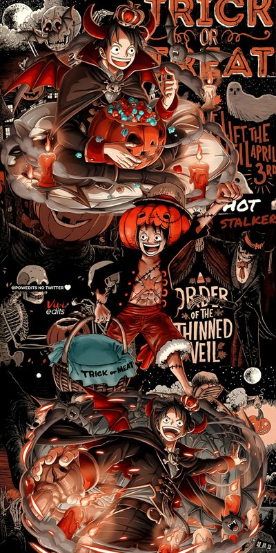 the poster for trick or treat is shown in red and black, with an image of a Luffy Halloween One Piece Android Devil Fruit, One Piece Fall, One Piece 1080x1920, saddle brown
