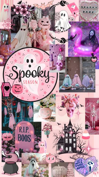 a collage of pink and black images with the words spooky season Pink Halloween Collage Cute Halloween Aesthetic Pink, Aesthetic Pink Halloween, Pink Aesthetic Halloween, rosy brown