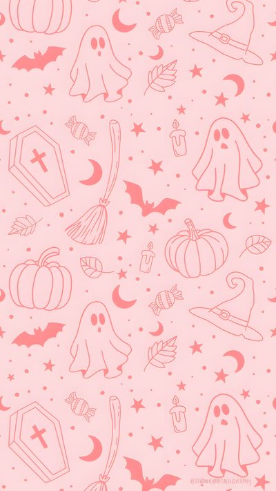 a pink and white halloween pattern with pumpkins, bats, ghostes, stars Halloween Iphone Pink Pink Halloween Ipad, Pastel Pink Halloween Background, Halloween Pink Background Aesthetic, misty rose