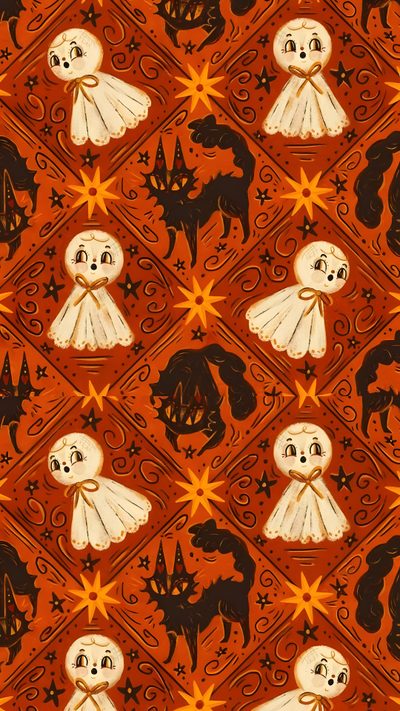 an orange background with black and white images on the bottom half of it, including two ghost Halloween Dollhouse Vintage Spooky Aesthetic, Autumn Spooky Aesthetic, Halloween Textures, firebrick