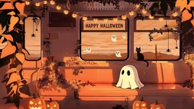 an animated halloween scene with pumpkins and jack - o'- lanterns on the windows Halloween Ghost Train Halloween Aesthetic Laptop, Laptop Halloween, Halloween Aesthetic Background Laptop, sienna