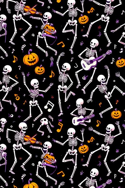 halloween skeletons and pumpkins with music notes on black cotton fabric by the yard or yard Halloween Skeleton Party Halloween Skeleton, Halloween Dance, Crystals, Iphone, Halloween, black