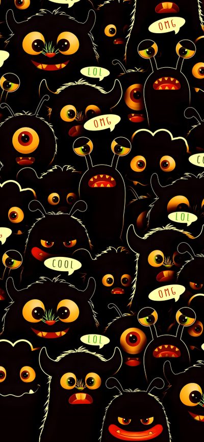 a group of black cats with orange eyes and numbers on their faces are depicted in this pattern Halloween Monster Pattern Dual Iphone, Double Iphone, Monster Iphone, Monster Background, Monster Phone, black