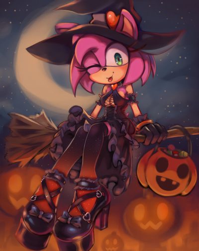 a cartoon character sitting on top of a pile of pumpkins in front of a full moon Amy Rose Halloween Vampire Amy Rose, Witch Amy Rose, Sonic Witch Rouge, Amy Fantasia, dark slate gray