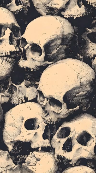 a pile of skulls sitting next to each other Halloween Thorny Skulls Warm Gray Monster Artwork, Skull Tattoo, Pile Of Bones, Skulls Aesthetic,