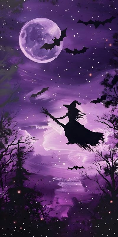 a painting of a witch flying through the night sky Halloween Purple Witch Purple Witch Halloween, Witches Iphone, Purple Flying Witch, dark slate blue