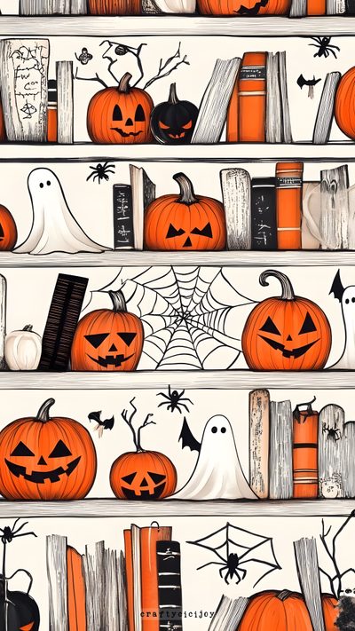 halloween bookshelves with pumpkins and bats on them Halloween Bookshelf Pumpkin And Book, Fall Book Iphone, Iphone Halloween Book, Trick Or Books, light pink