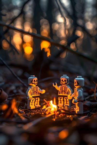 three lego figures sitting next to a fire in the woods at night with lights shining on them Halloween Lego Lego Dark Forest, Autumn Lego Scene, Lego Skeleton Skateboarding, Cool Lego, dark slate gray