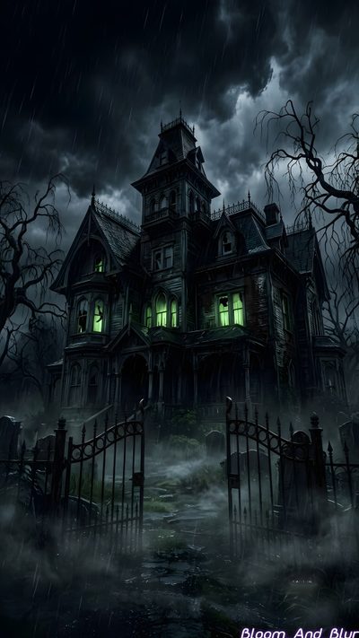 a creepy house with green lights in the windows and on the roof is surrounded by dark clouds Halloween Creepy House Academia Aesthetics, Gothic Mansion, Phone Lockscreen, Green Windows, black