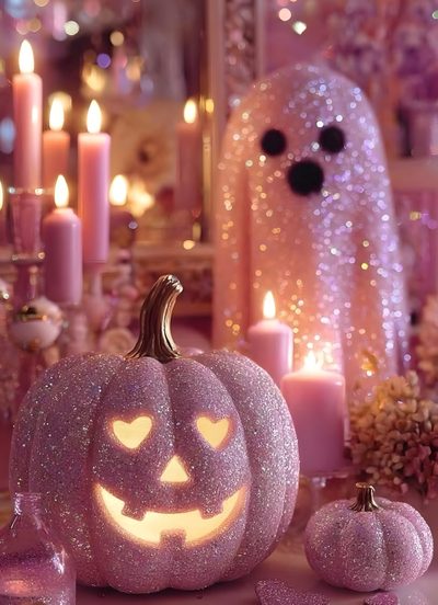 a table topped with pink glitter pumpkins and candles Rose Gold Girly Cute Halloween Pink Glitter Pumpkin, Rose Gold Girly Cute Halloween, Girly Halloween Aesthetic, sienna
