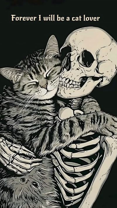 a skeleton hugging a cat with the caption forever i will be a cat lover Kitty Skeleton Halloween Cats Skeleton Cats, Esqueleto Aesthetic, Dark Skeleton Art, dark olive green
