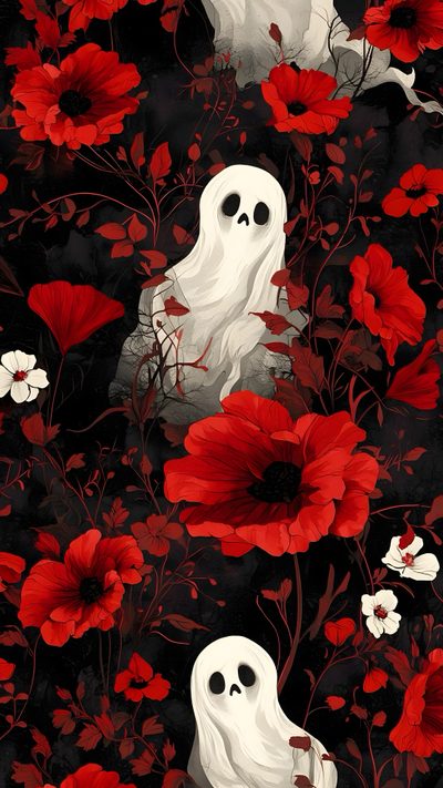 a black background with red flowers and two white ghostes in the middle of it Halloween Floral Custom Red Ghost Background, Halloween Flower, Gothic Halloween Bats, Spooky Flower, black