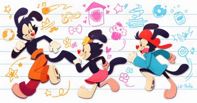 three cartoon characters are running together on lined up paper with colored pencils in the background Halloween Animaniacs Yakko And Wakko, Animaniacs Art, Animaniacs, Animaniacs Fanart, white smoke