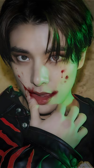 a young man with green hair and makeup Enhypen Halloween Zoey Kpop Demon Hunters Face Paint, Saja Boys Halloween, Kpop Demon Hunters Jack O Lantern, dark slate gray