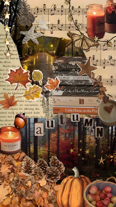 a collage of autumn images with candles, books and pumpkins in the foreground Autumn Aesthetic Halloween Collage Autumn Phone, Cute Backgrounds, Thanksgiving, sienna