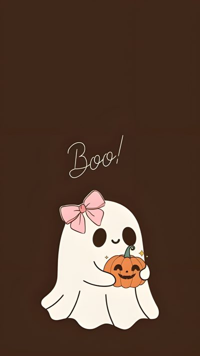 a ghost holding a pumpkin with the word boo on it's face and wearing a bow Aesthetic Halloween Girl Cute Halloween For Ipad, Aesthetic Halloween Bows, Ghost Bow, dark slate gray