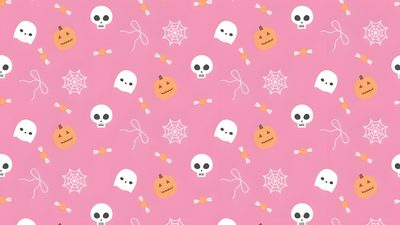 a pink background with skulls, stars and other items on it's surface for halloween themed wallpaper Pink Halloween Desktop Coquette Halloween Laptop, Halloween Macbook Aesthetic, Pink Halloween Ipad,