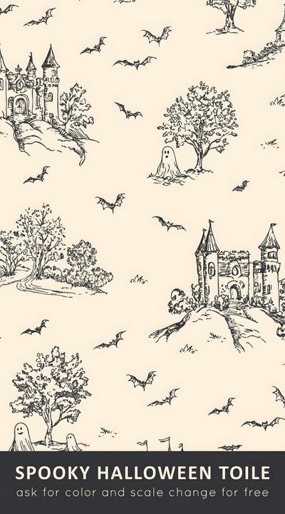 a halloween themed wallpaper with bats and trees Halloween Toile Halloween Toile, Sewing Baby Clothes, Black Castle, Haunted Castle, Fall Patterns, beige