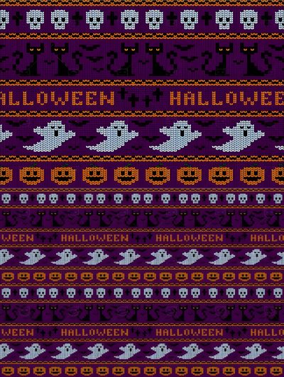 a knitted halloween sweater with skulls and ghostes on the front, purple background Halloween Fair Isle Cool Halloween Patterns, Pattern Halloween, Spooky Halloween Digital Pattern, midnight blue