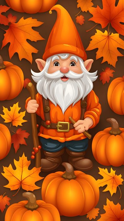 an image of a cartoon gnome surrounded by pumpkins and leaves on a brown background Halloween Gnomes Fall Gnomes, Fall Gnome Iphone, Thanksgiving Gnomes, Gnome Fall, Fall Gnome Phone, chocolate