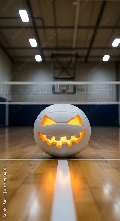 a volleyball ball that has been carved to look like a pumpkin Volleyball Halloween Volleyball Photos, Sports Recovery, Senior Fitness, Athletic Gear, dark olive green
