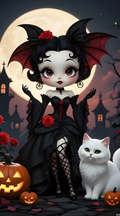 a white cat sitting next to a halloween doll Betty Boop Halloween Dark Pictures, Tim Burton, Betty Boop, Cute Art, Phone, Hello Kitty, dark slate gray