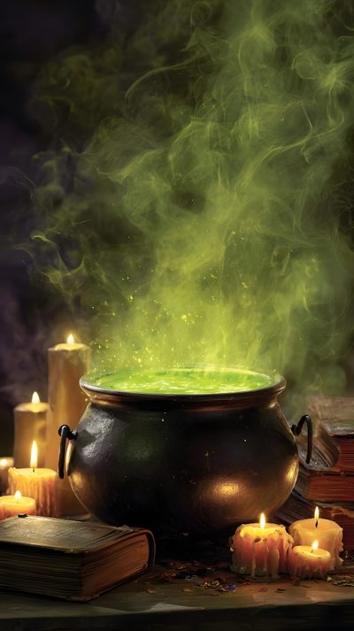a caulder filled with green liquid surrounded by candles Halloween Spooky Cauldron Snakes Potions Halloween Potion Background, Witch Aesthetic Background, Gothic Halloween, dark olive green