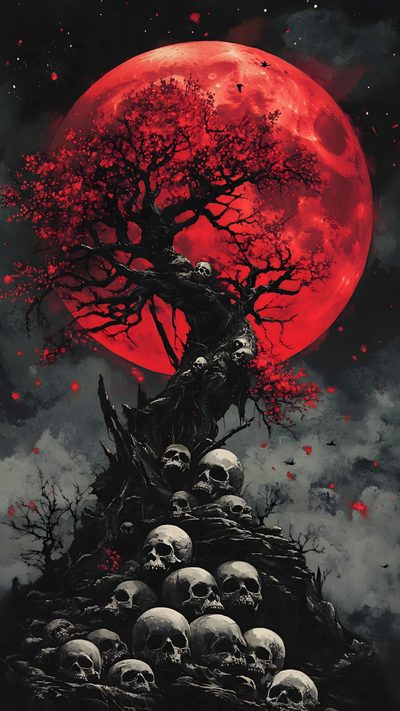a bunch of skulls sitting on top of a pile of rocks in front of a red moon Halloween Skulls Skull, Skull Aesthetic, Skull Moon, Skulls, Blood Skull, Skull Tree, dark slate gray
