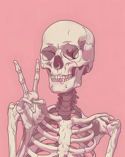 a skeleton holding up the peace sign with both hands Pink Halloween Skeleton Pink Witchy, Pink And Black Skeleton, Pink Skeleton Names,