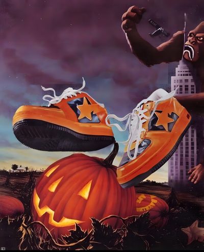 an orange sneaker is on top of a jack - o'- lantern pumpkin Halloween Retro Shoes With Pumpkins Bapesta Shoes Poster, Halloween Sneaker Art, Bape Shoes Poster, dark slate gray