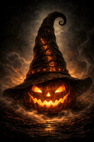 a pumpkin with a witches hat on it's head in front of a dark background Scary Halloween Pumpkin Witch Costume, Halloween Horror, Creepy Pumpkin, Dark Gothic, black