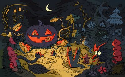 an animated halloween scene with pumpkins, witches and other creatures in the woods at night Large Halloween Desktop Halloween Dark Aesthetic, Halloween Macbook, Cute Halloween Pc Background, dark slate gray