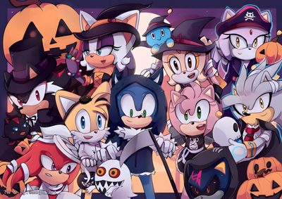 a group of cartoon characters dressed up in halloween costumes Sonic The Hedgehog Halloween Sonic Group Fanart, Halloween Sonic, Sonic Halloween, dim gray
