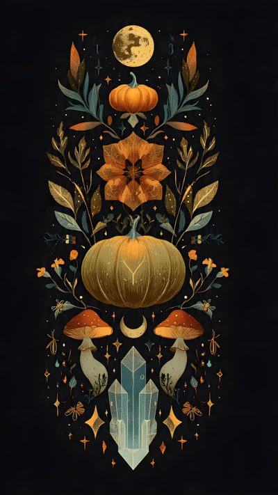 an artistic illustration of pumpkins, leaves and other things on a black background with the moon in the distance Pagan Halloween Pattern, black