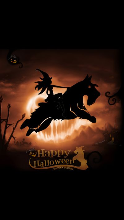 the silhouette of a person on a horse in front of an orange and black background Halloween Scottish Terrier Scottish Terrier Moon, Christmas Scottie Dog, Scottish Terrier Disney, black