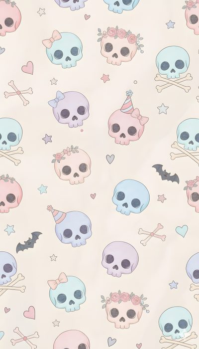 skulls and stars on a white background with pink, blue, and purple colors in the shape of hearts Cute Halloween Skull Spooky Pastel Background, Cute Halloween Skull, Colorful Skull Art, Goth, linen