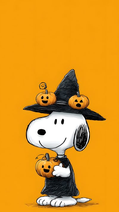 a cartoon dog wearing a witches hat and holding pumpkins on an orange background with the words happy halloween written below it Snoopy Halloween 4k Snoopy Halloween 4k, Cute Halloween Snoopy, Snoopy Halloween Phone, orange