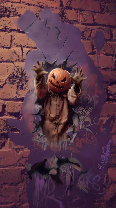 an image of a scary pumpkin in the middle of a brick wall Wrecking Ball Halloween 4k Monster Games, Best Birthday Wishes, Anime Photo Profile Dark, dark slate gray