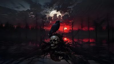 a black bird sitting on top of a tree stump in the middle of a lake Halloween Crow Dark Custom Desktop Computer, Desktop Horror, Skull Pc, Gothic Twitch Banner, black