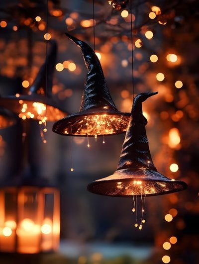 Witch Hat With Lights, Spooky Stuff, Witches Decor Halloween, Witchy Halloween Aesthetic, Natural Halloween Decor, Witch Hat Wallpaper, Witch Hat Background, Witch Design Autumn Decor, Witch Themed Autumn Display Halloween Witch Hat Witch Hat With Lights, Spooky Stuff, Witches Decor Halloween, dark slate gray