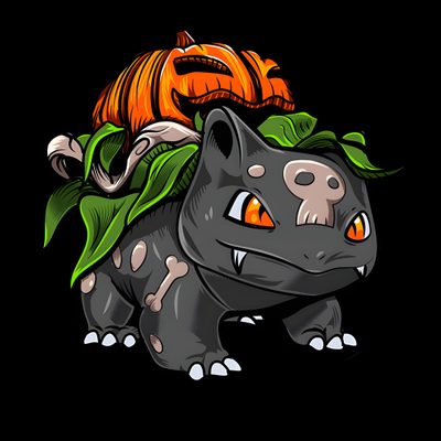 an image of a rhino with pumpkins on its back Halloween Bulbasaur Anime Tattoos, Tatuagem Pokemon, Pokemon Halloween, Cool Pokemon, Pokemon Tattoo, black